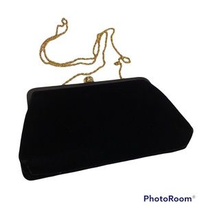 Black Velvety Clutch Rhinestone Clasp Gold Chain Black Tie LBD Evening Purse Bag